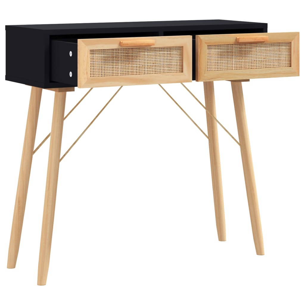 Console Table Black 80x30x75 cm Solid Wood Pine&Natural Rattan