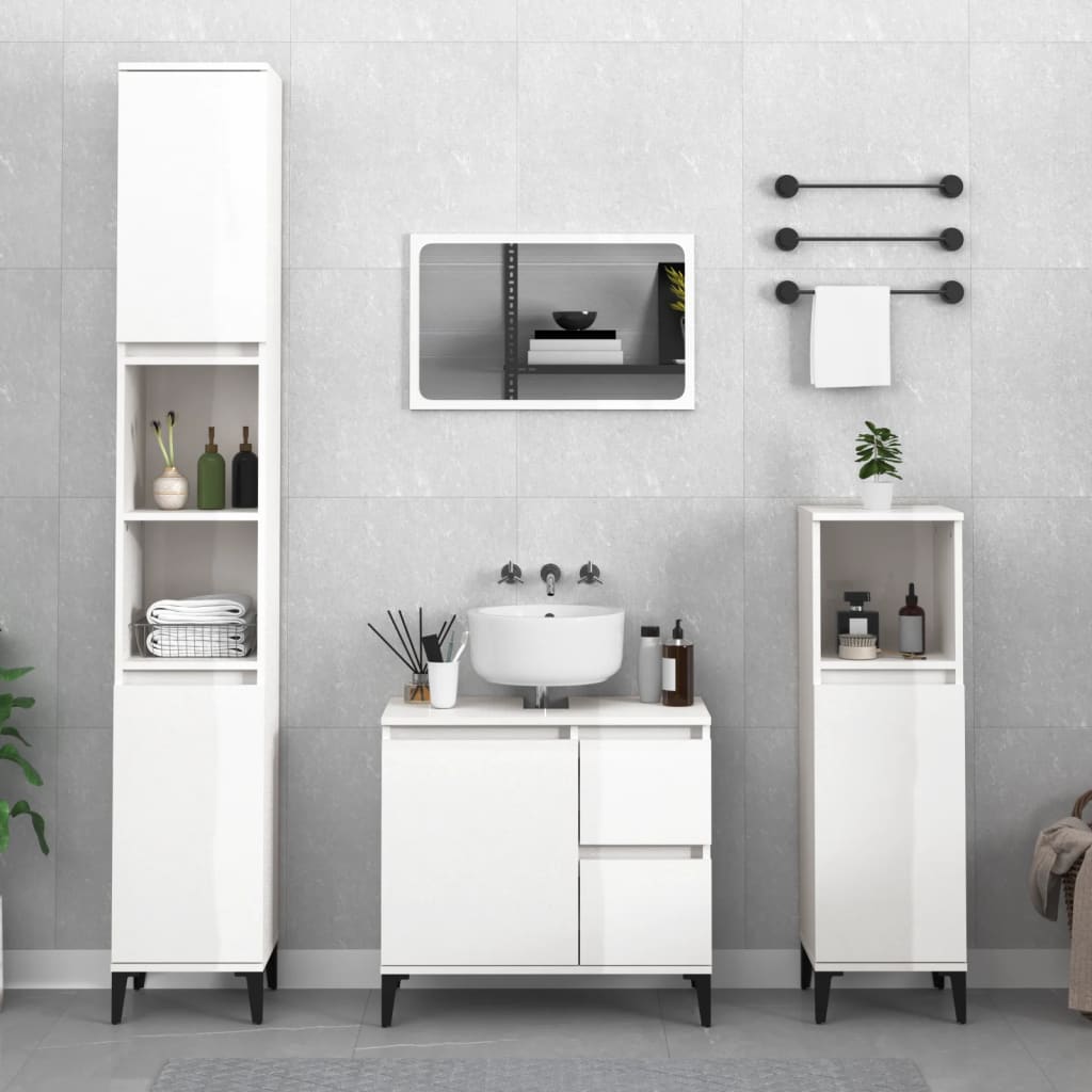 Bathroom Cabinet High Gloss White 30x30x100 cm Engineered Wood